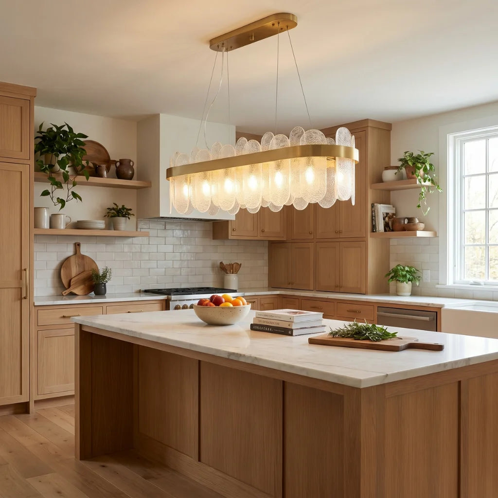 Modern brass pendant light for upscale American home interiors