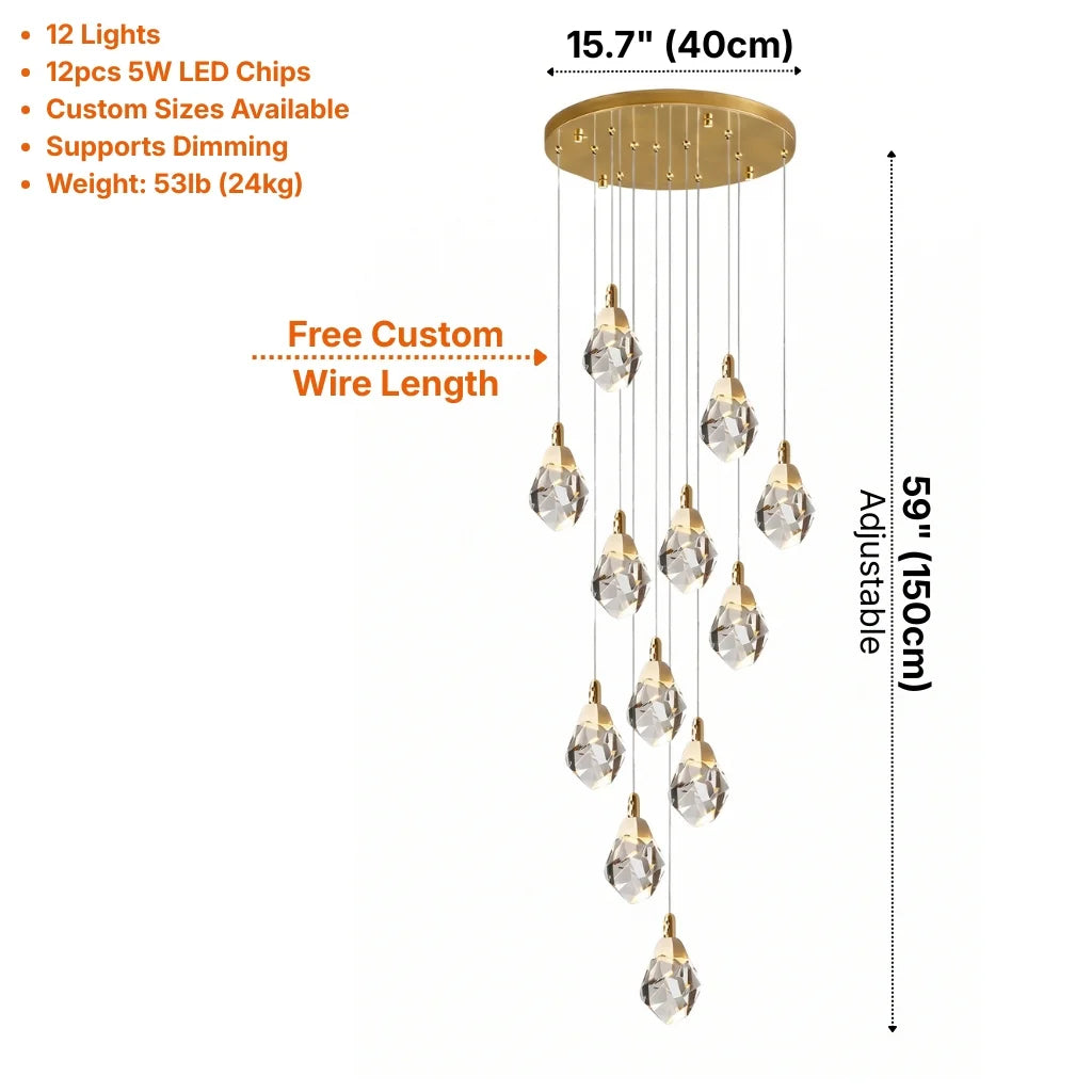 Diamond LED Crystal Staircase Chandelier for Tall Foyers & Stairwells