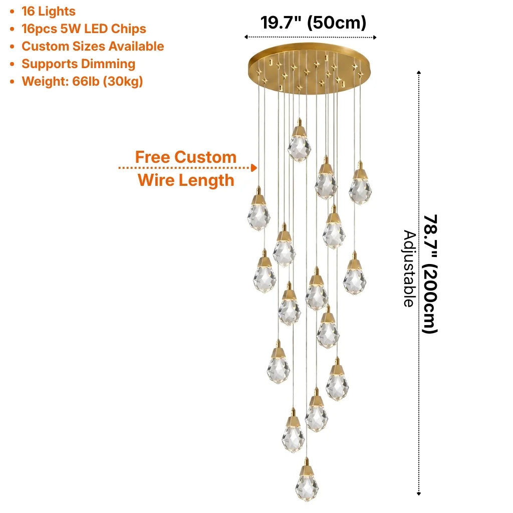Diamond LED Crystal Staircase Chandelier for Tall Foyers & Stairwells