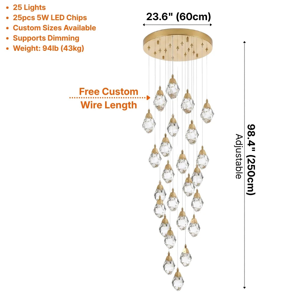 Diamond LED Crystal Staircase Chandelier for Tall Foyers & Stairwells