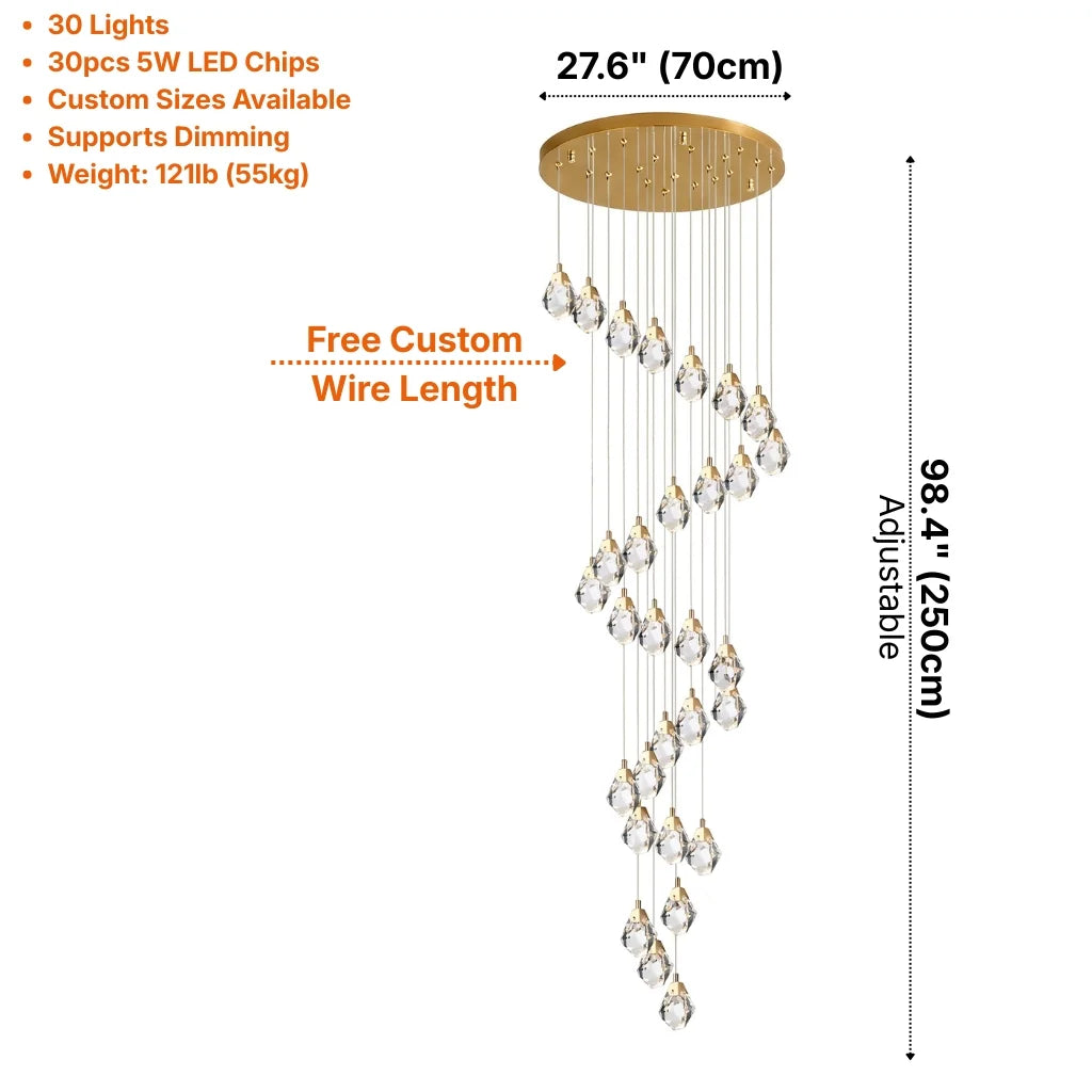 Diamond LED Crystal Staircase Chandelier for Tall Foyers & Stairwells