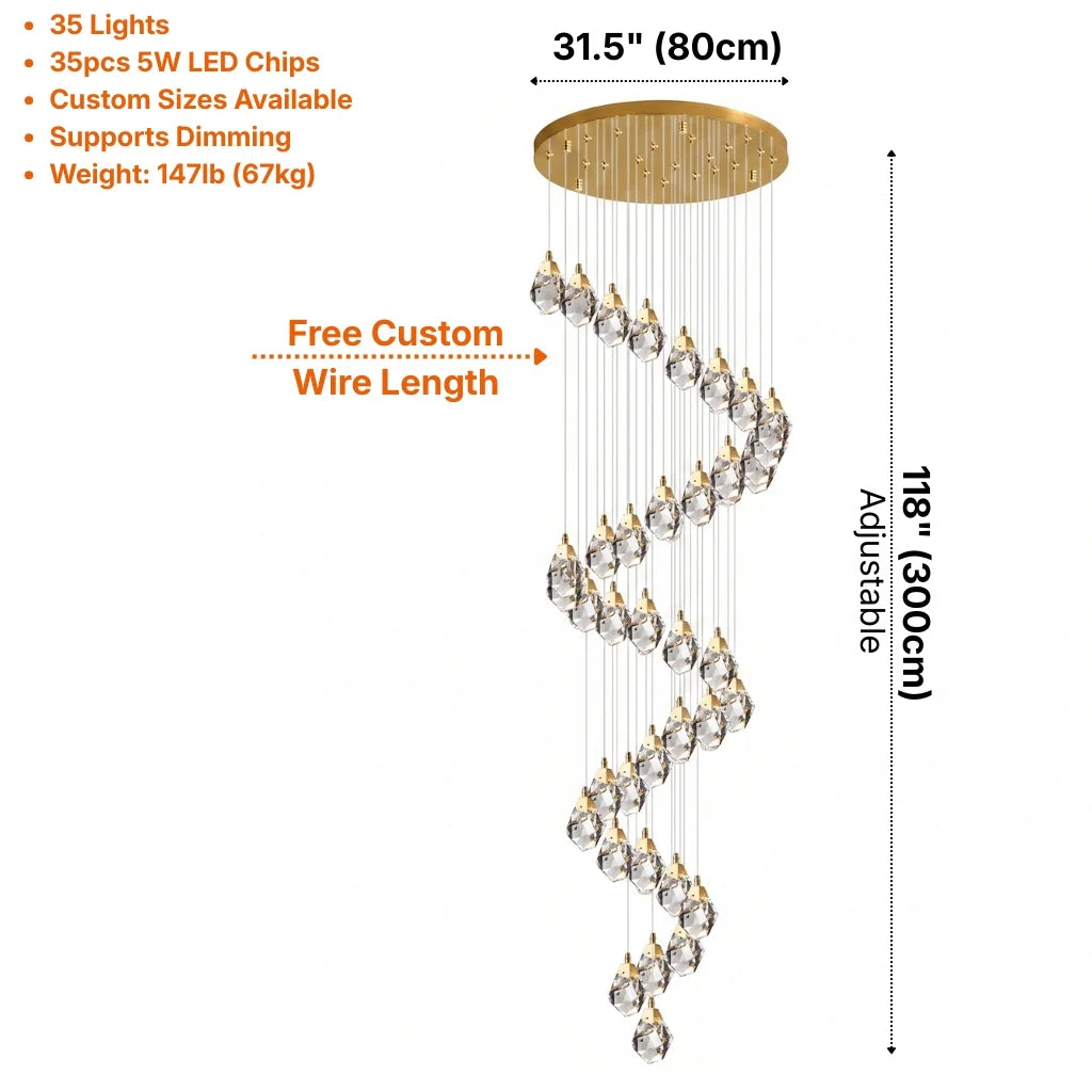 Diamond LED Crystal Staircase Chandelier for Tall Foyers & Stairwells