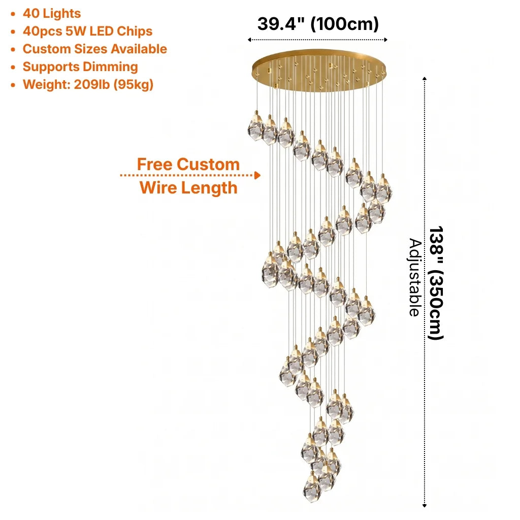 Diamond LED Crystal Staircase Chandelier for Tall Foyers & Stairwells