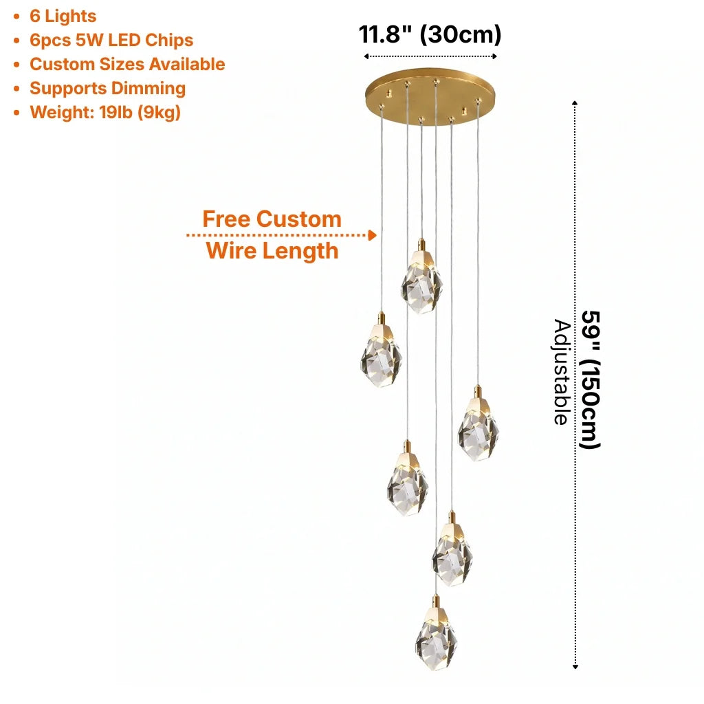 Diamond LED Crystal Staircase Chandelier for Tall Foyers & Stairwells