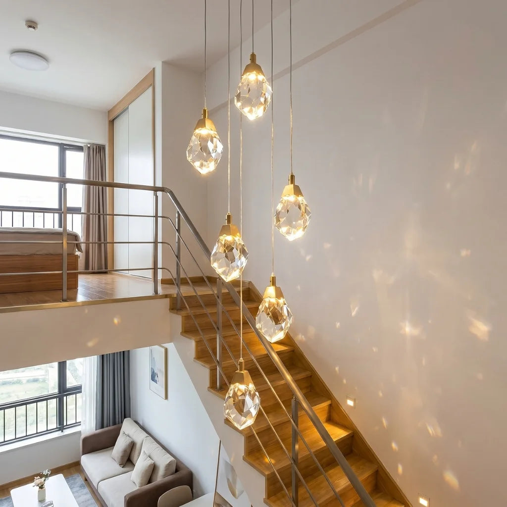 Diamond LED Crystal Staircase Chandelier for Tall Foyers & Stairwells