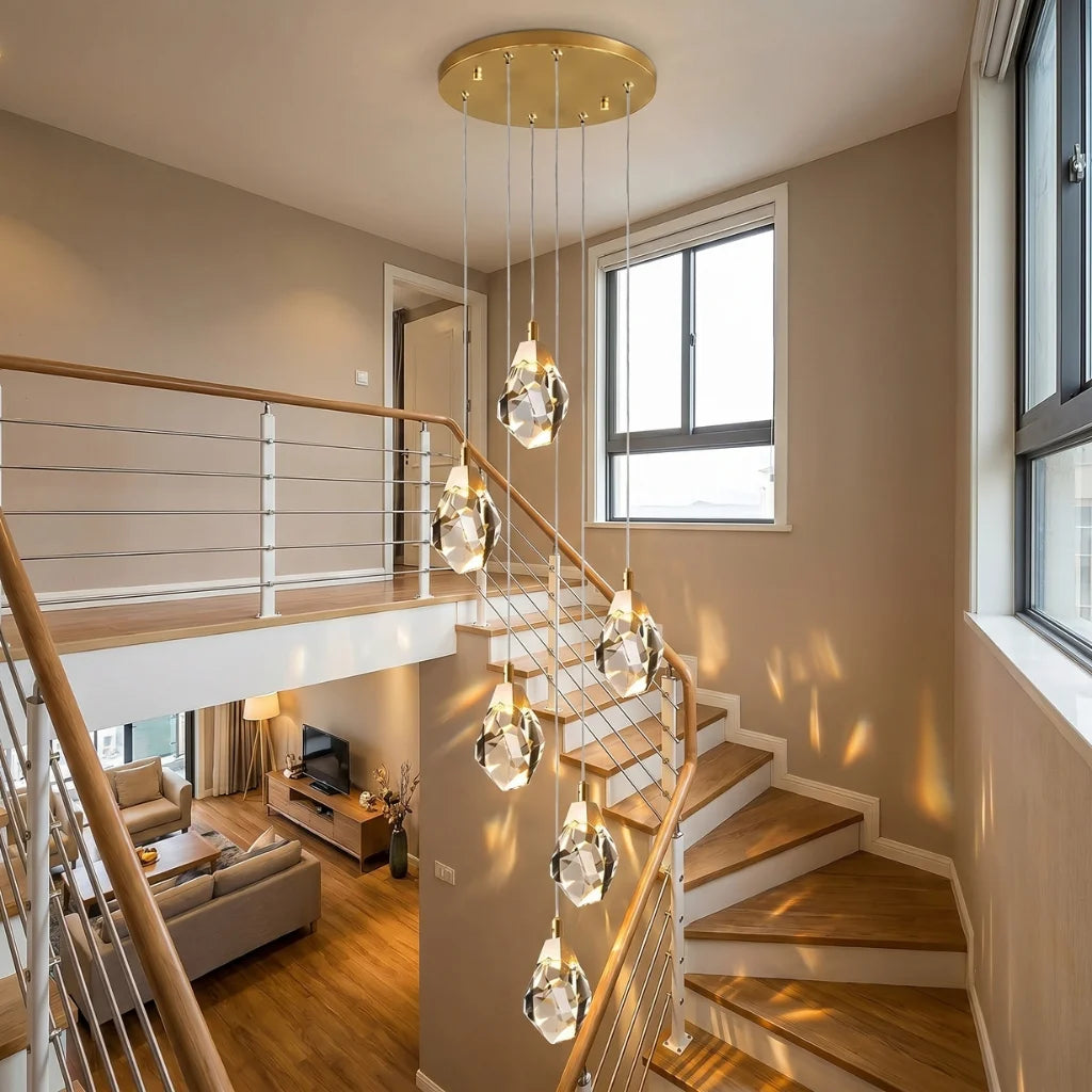 Diamond LED Crystal Staircase Chandelier for Tall Foyers & Stairwells