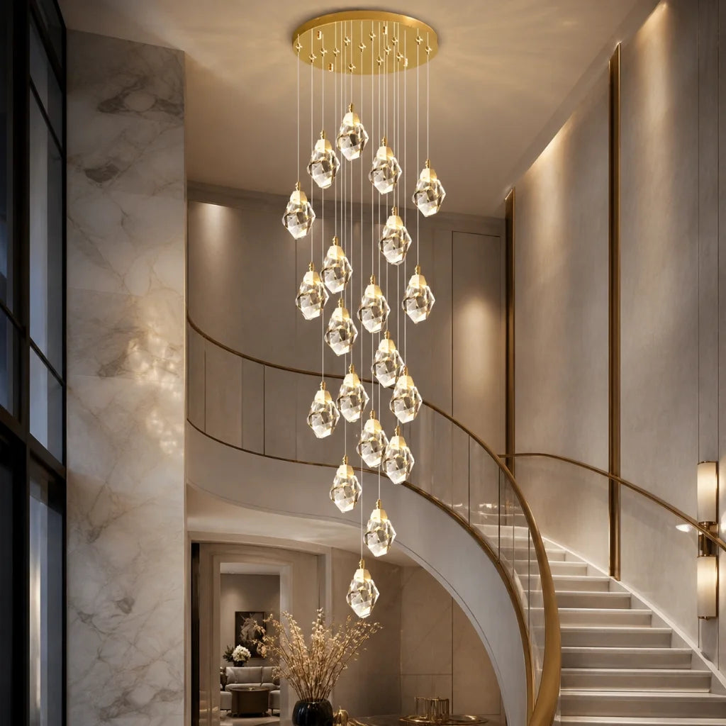Diamond LED Crystal Staircase Chandelier for Tall Foyers & Stairwells