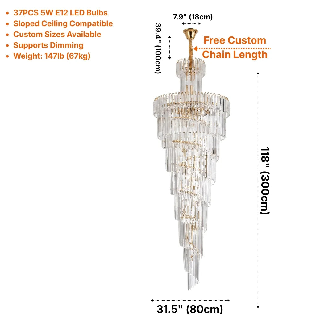 Auris Large Gold/Chrome Crystal Staircase Chandelier for Tall Foyers