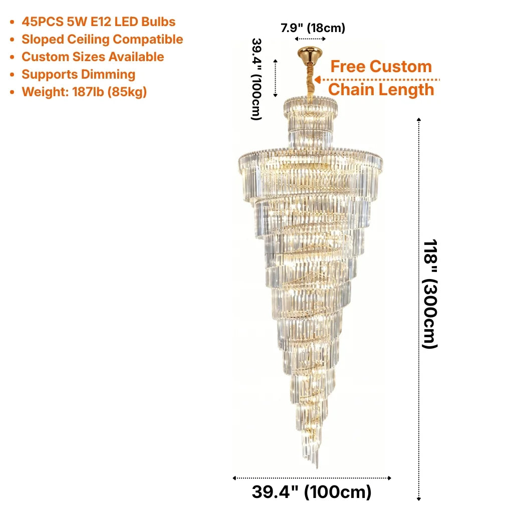 Auris Large Gold/Chrome Crystal Staircase Chandelier for Tall Foyers