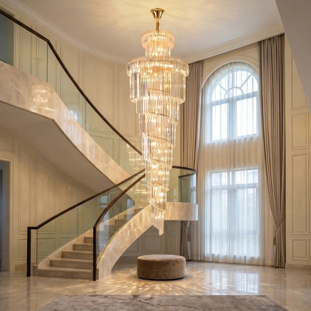 Auris Large Gold/Chrome Crystal Staircase Chandelier for Tall Foyers