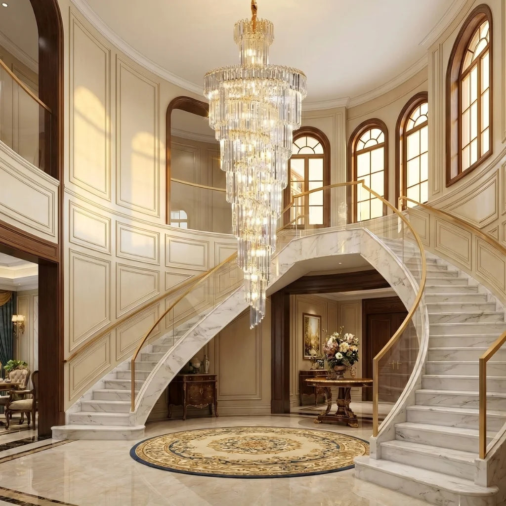 Auris Large Gold/Chrome Crystal Staircase Chandelier for Tall Foyers