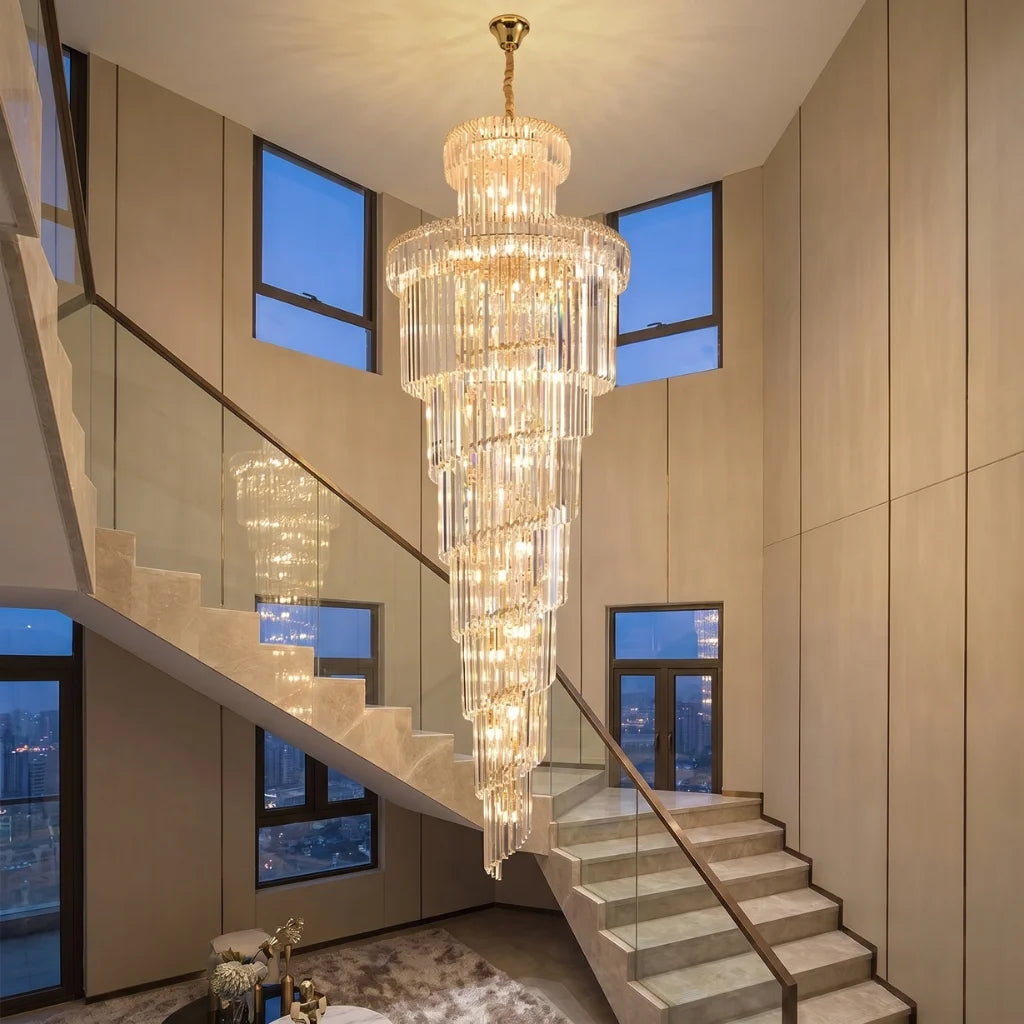Auris Large Gold/Chrome Crystal Staircase Chandelier for Tall Foyers
