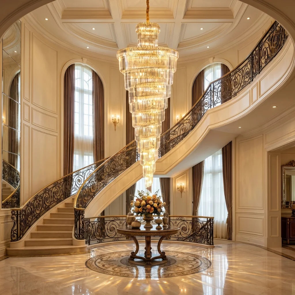 Auris Large Gold/Chrome Crystal Staircase Chandelier for Tall Foyers