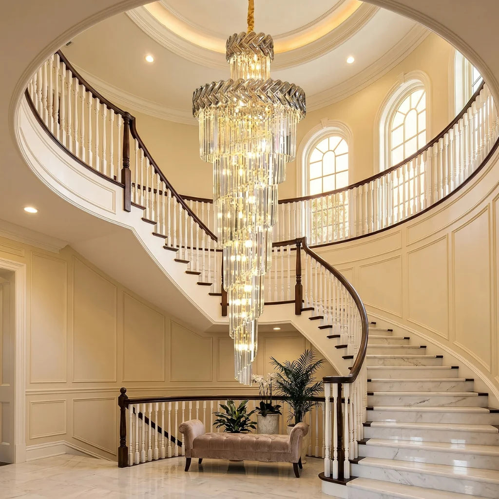 Modern crystal staircase chandelier for luxury foyer lighting by YOOGEE