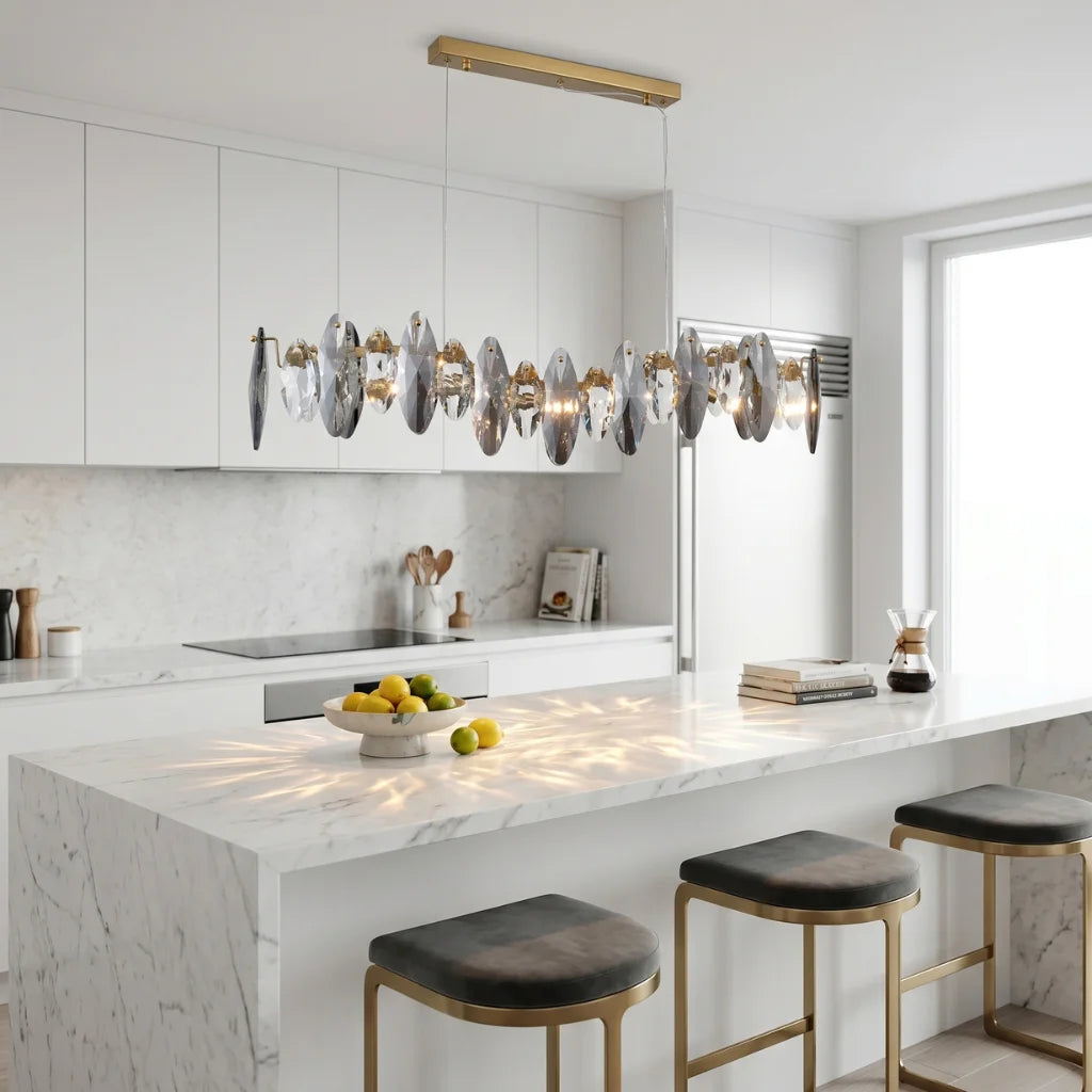 Modern brass pendant light for upscale American home interiors