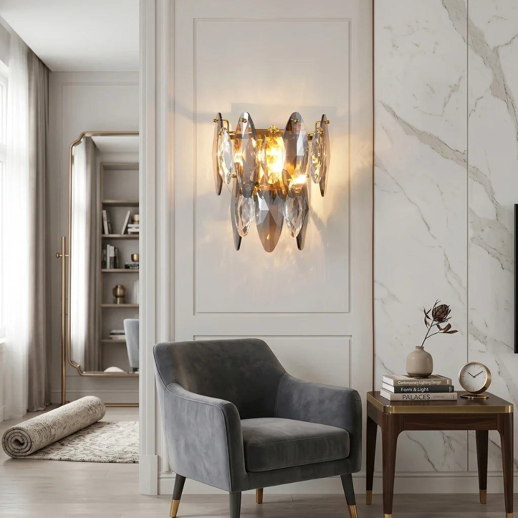 Cascadia Smoke Gray Crystal Wall Sconce for Living Room & Bedroom