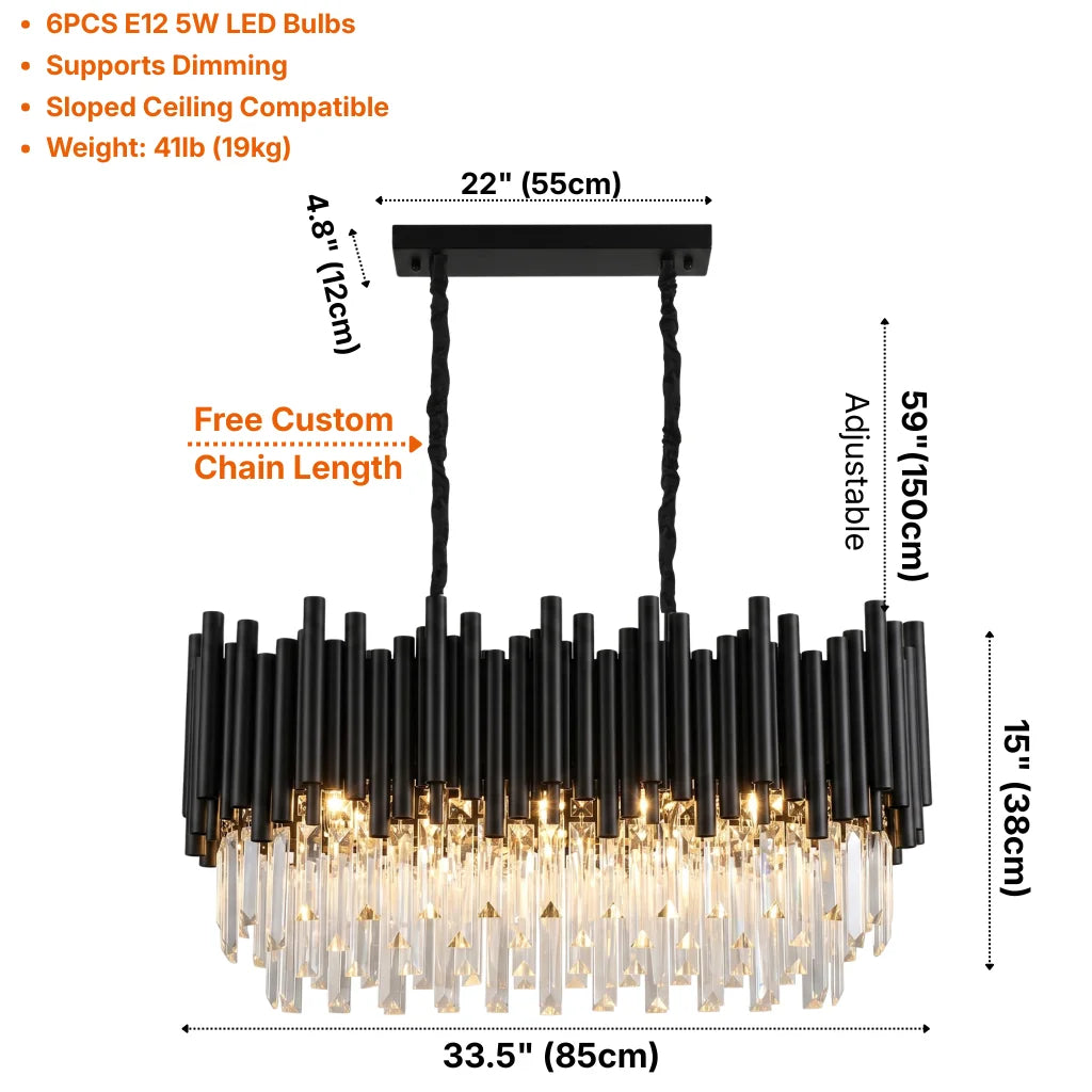 Nocturne Modern Black Crystal Pendant Light for Kitchen Island & Dining Room