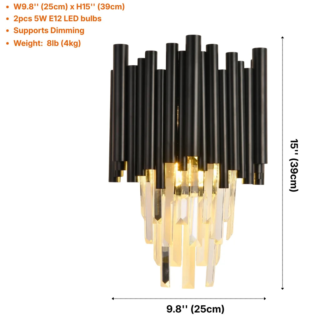 Nocturne Modern Black Crystal Wall Sconce for Bedroom & Hallway