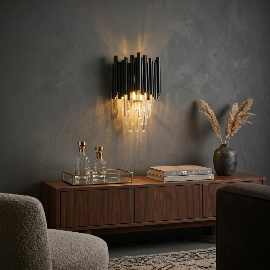 Nocturne Modern Black Crystal Wall Sconce for Bedroom & Hallway