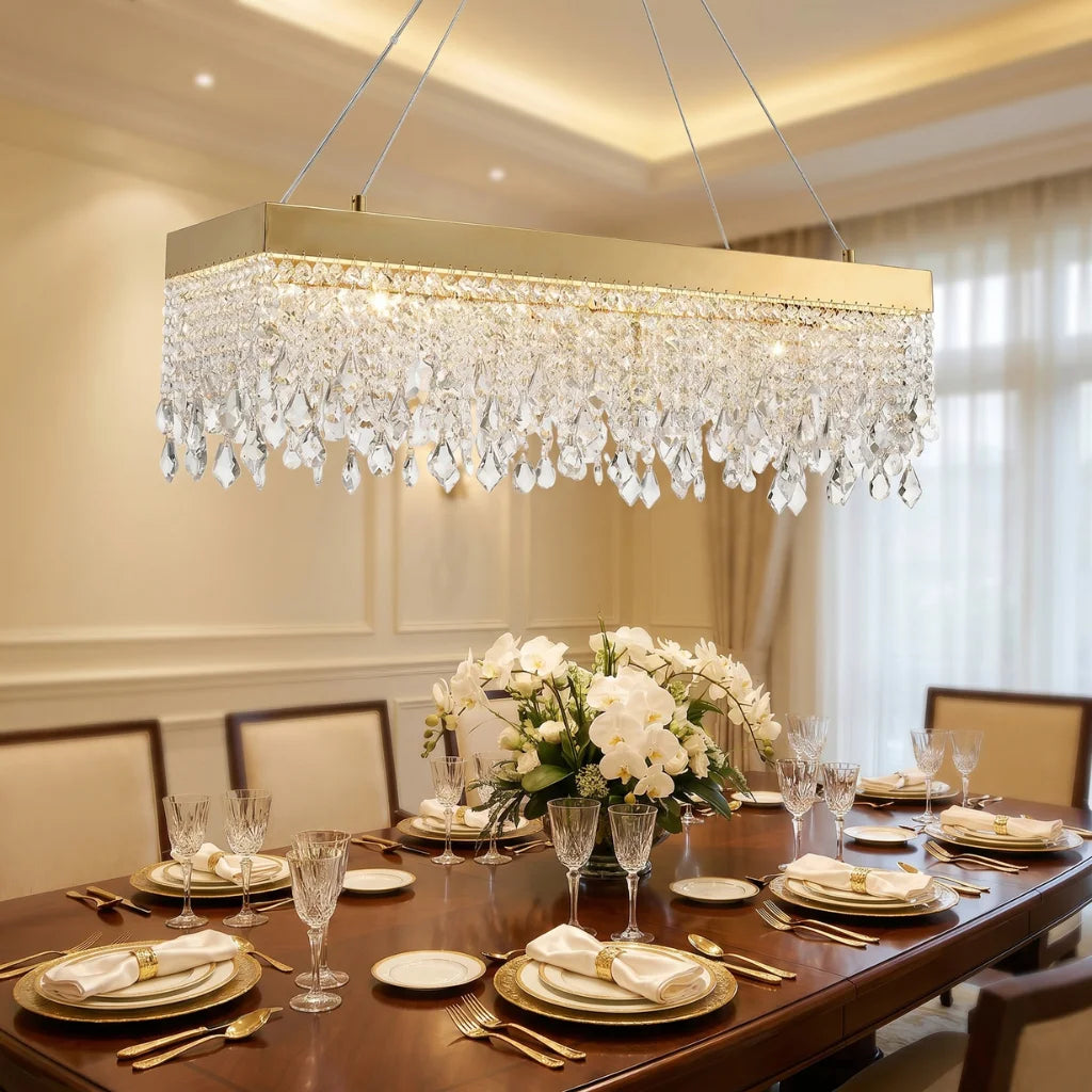 Zara Gold Rectangular Crystal Pendant Light for Dining Room