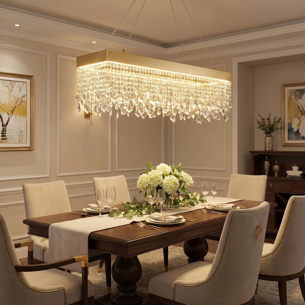 Zara Gold Rectangular Crystal Pendant Light for Dining Room