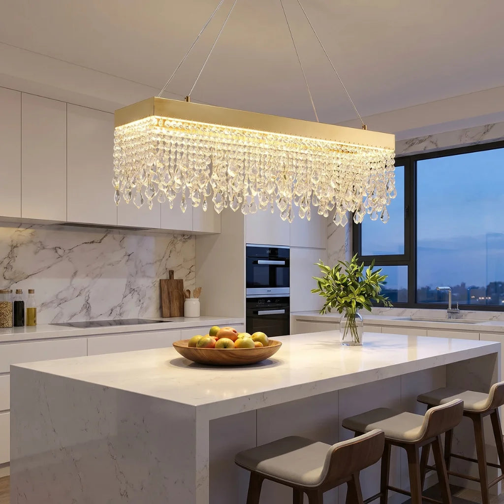 Zara Gold Rectangular Crystal Pendant Light for Dining Room