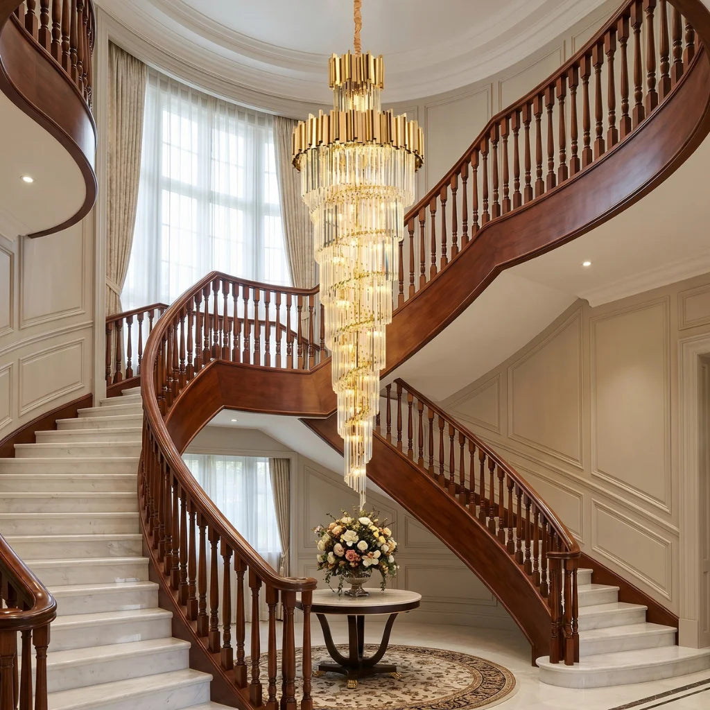 Modern crystal staircase chandelier for luxury foyer lighting by YOOGEE