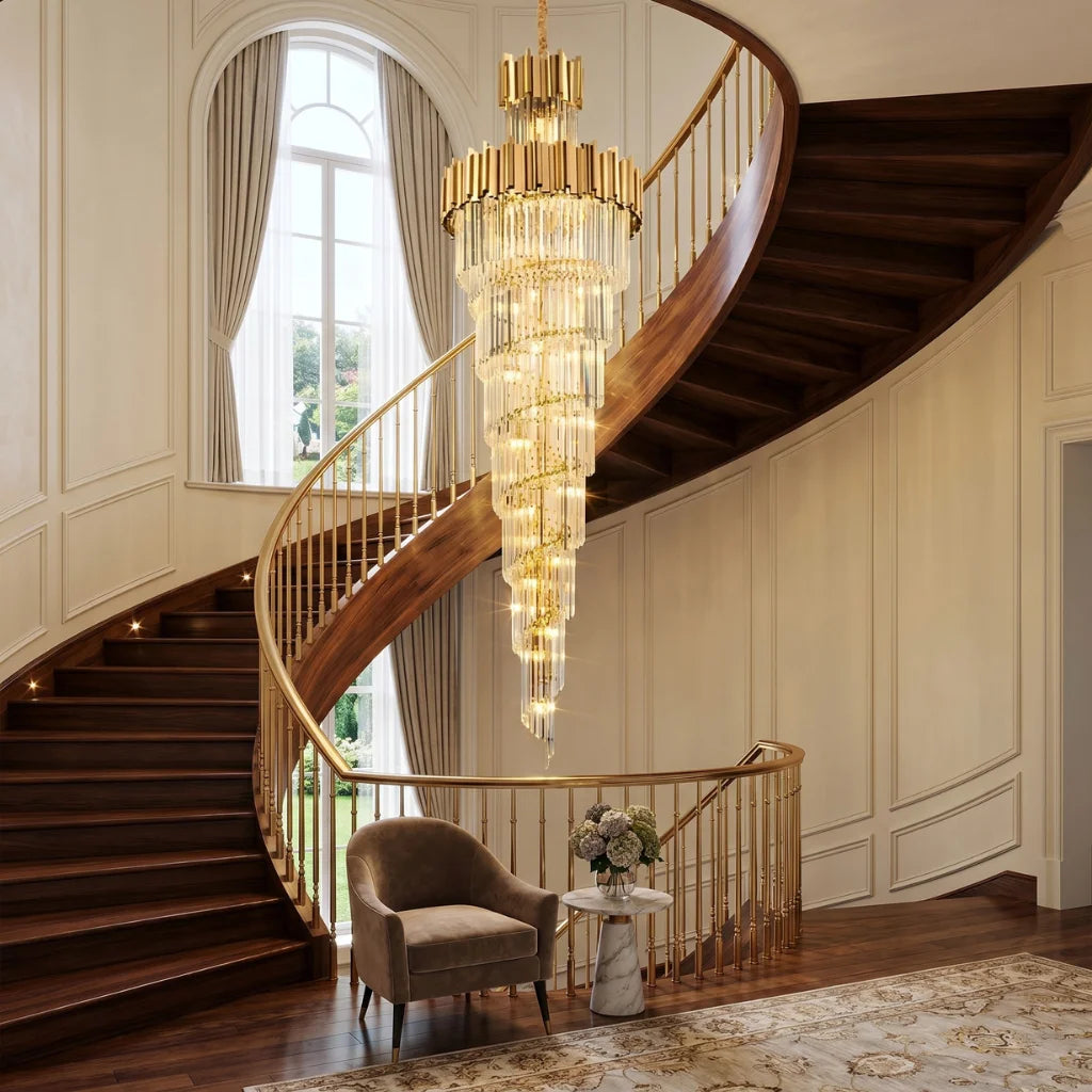 Modern crystal staircase chandelier for luxury foyer lighting by YOOGEE