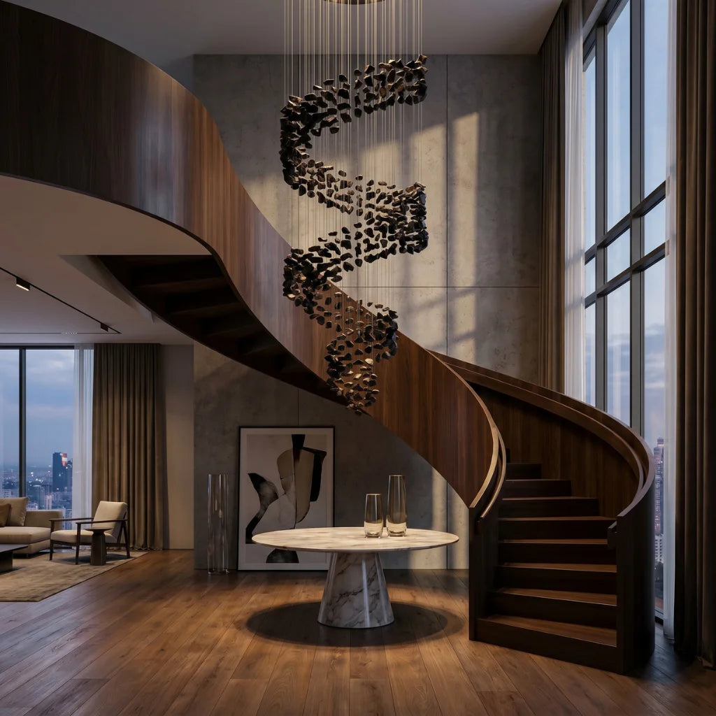 Gema Black Obsidian Chandelier — iron frame and stone texture