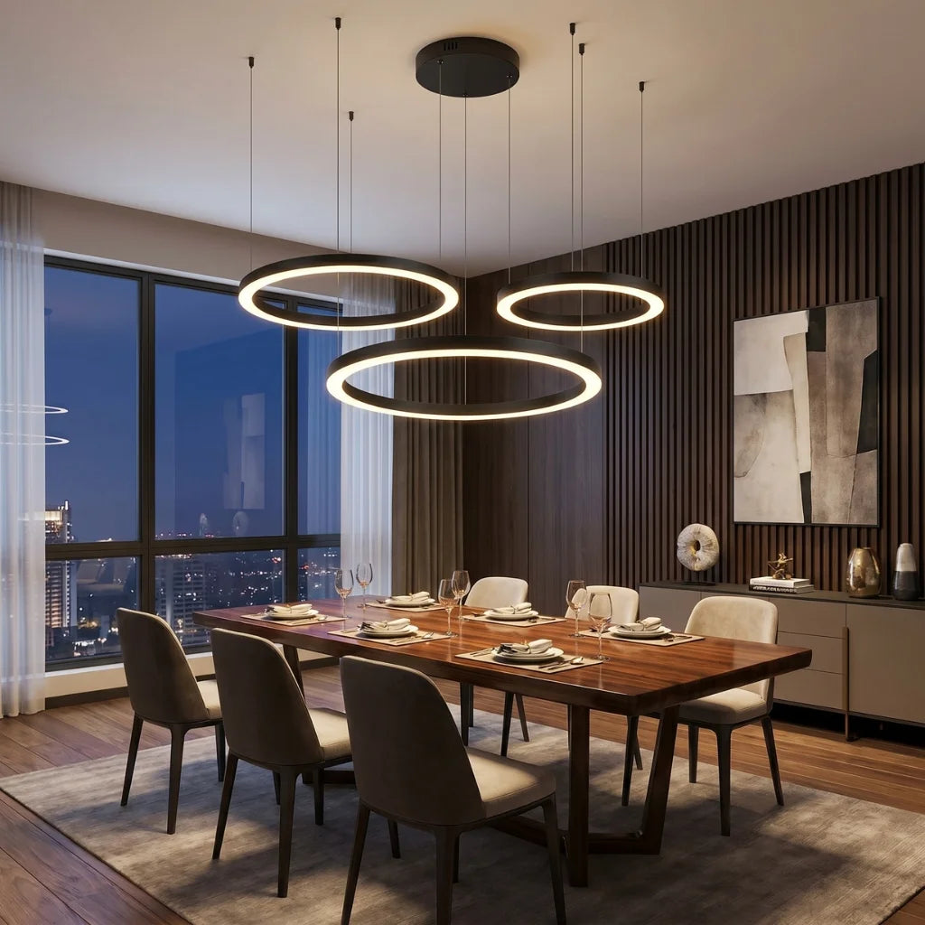 Cosmo Modern Black Ring LED Chandelier for Dining Room & Living Room