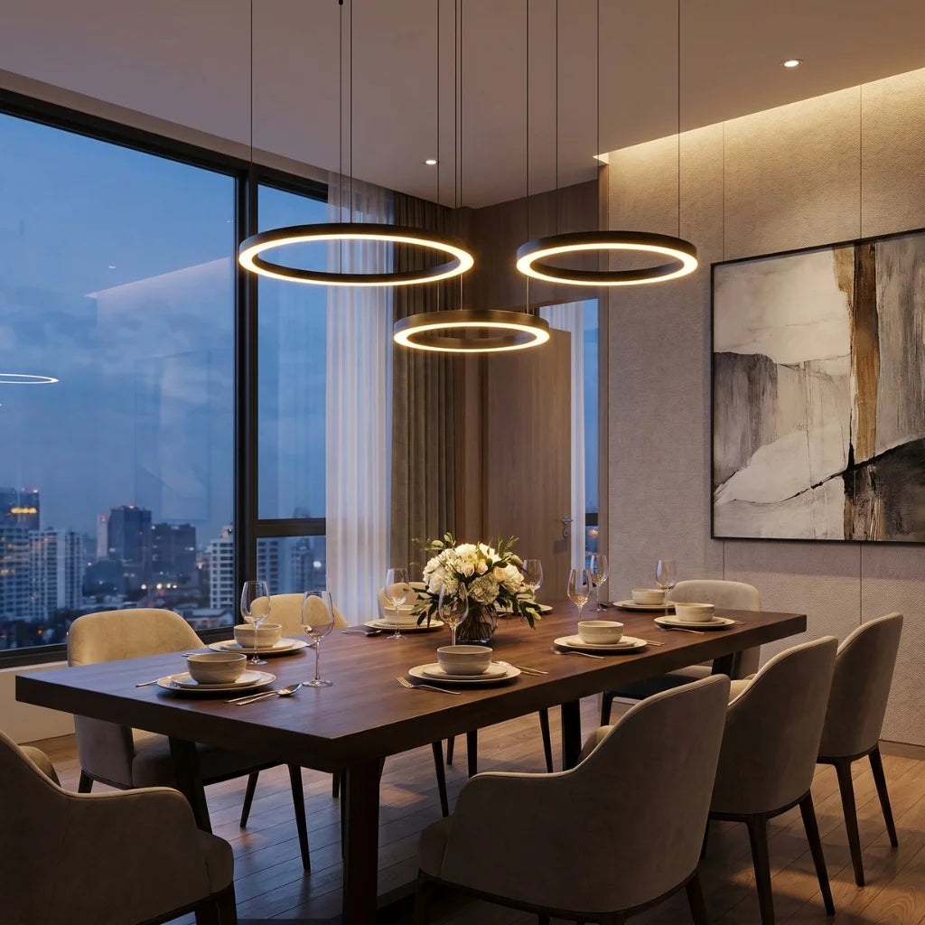 Cosmo Modern Black Ring LED Chandelier for Dining Room & Living Room