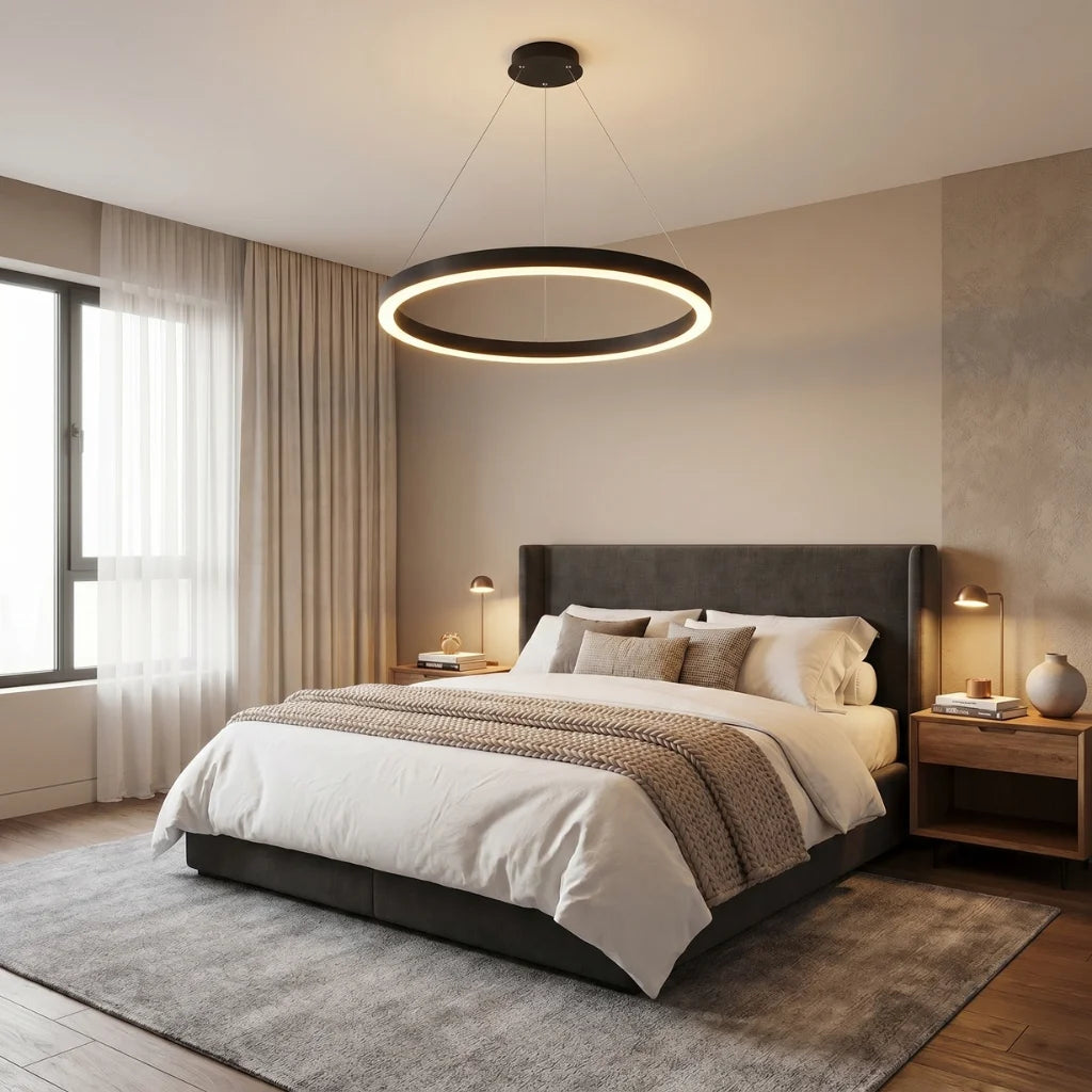 Cosmo Modern Black Ring LED Chandelier for Dining Room & Living Room