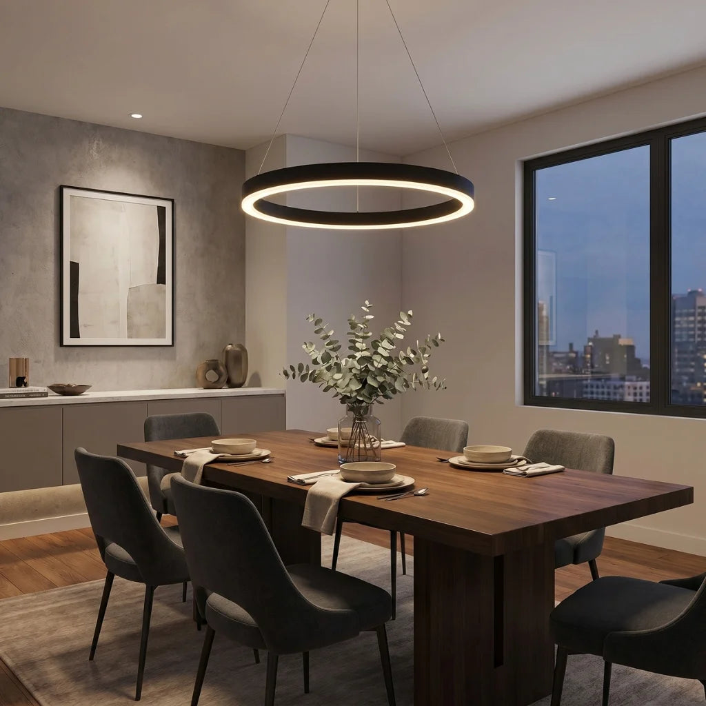 Cosmo Modern Black Ring LED Chandelier for Dining Room & Living Room