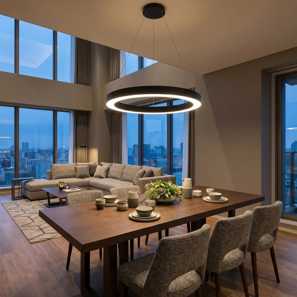 Cosmo Modern Black Ring LED Chandelier for Dining Room & Living Room