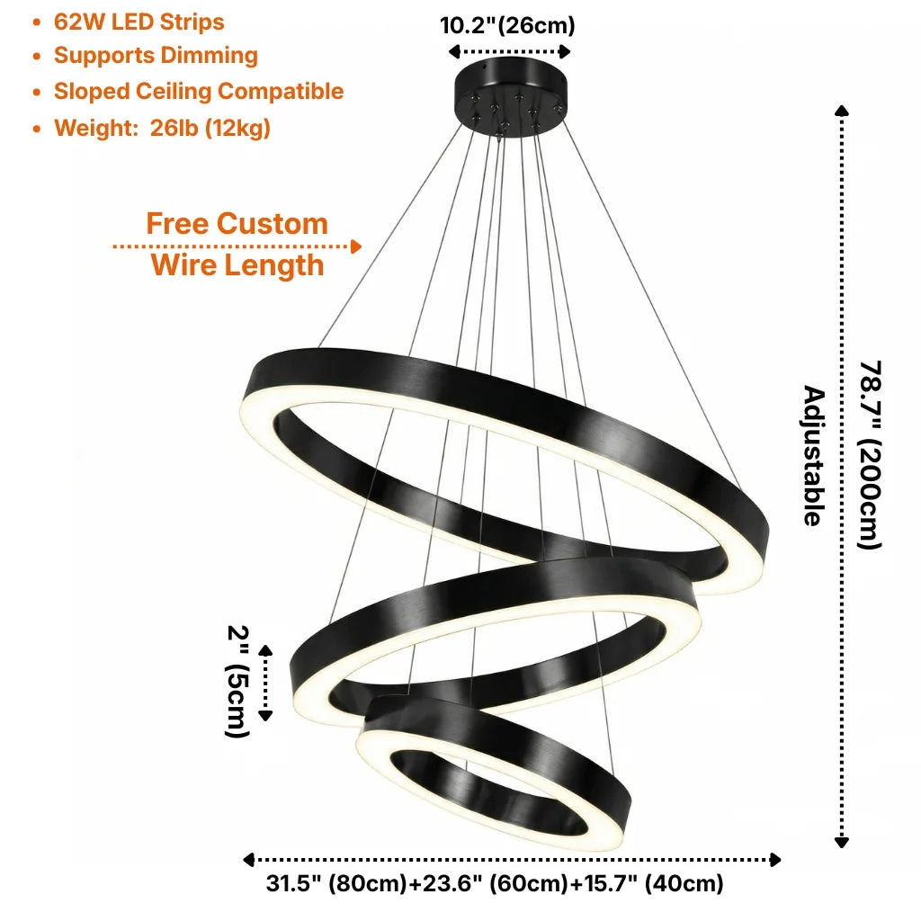 Cosmo Modern Black Ring LED Chandelier for Dining Room & Living Room