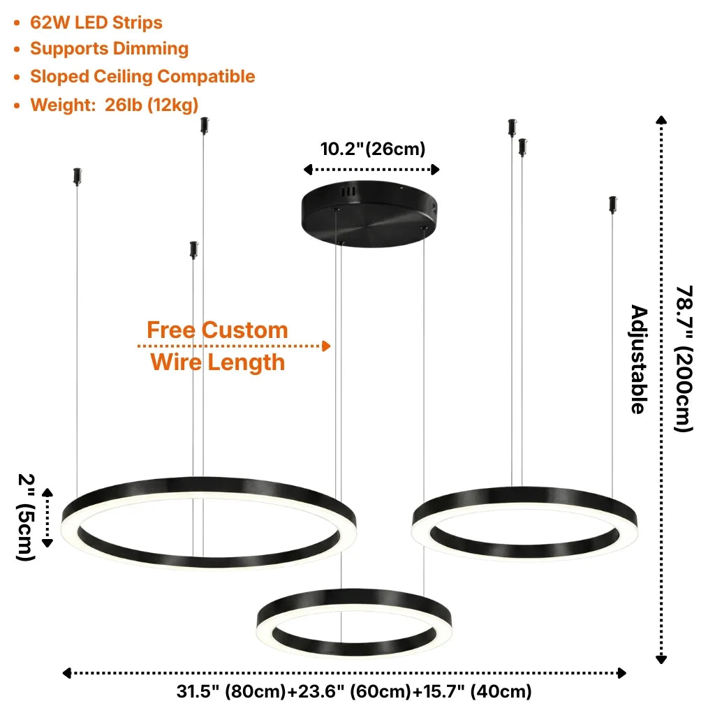 Cosmo Modern Black Ring LED Chandelier for Dining Room & Living Room