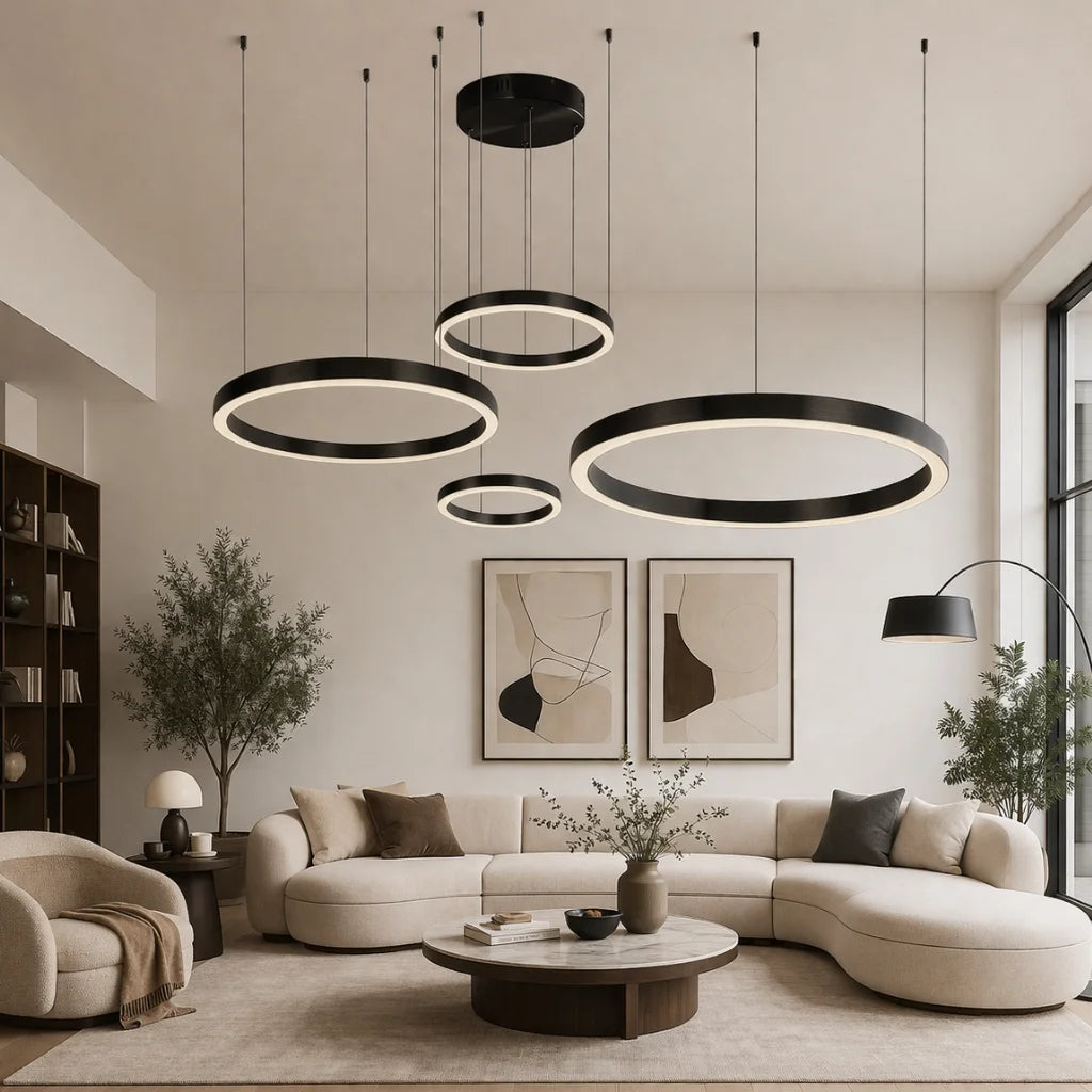 Cosmo Modern Black Ring LED Chandelier for Dining Room & Living Room