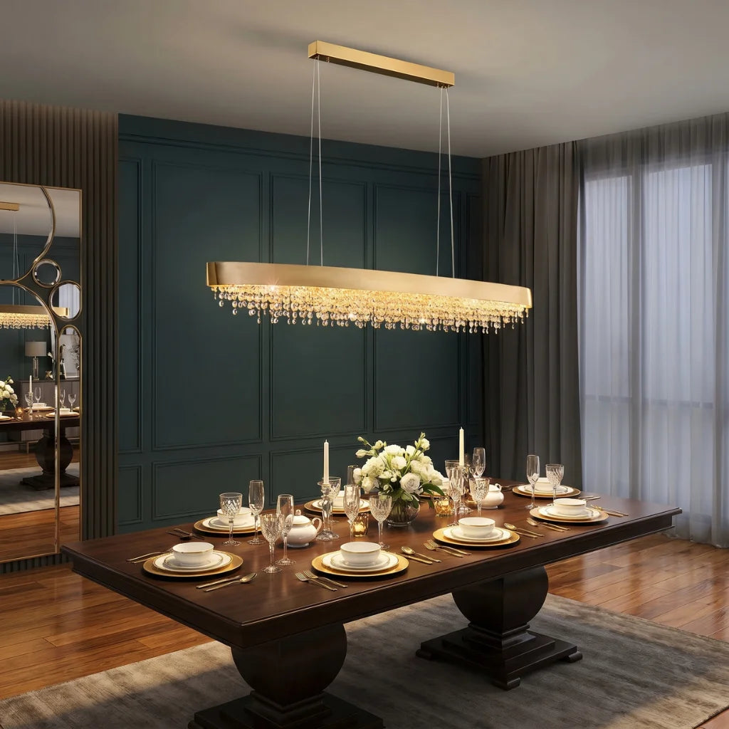 Modern brass pendant light for upscale American home interiors
