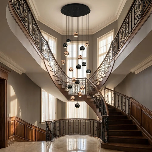 Asta Gold & Black LED Crystal Staircase Chandelier for Tall Foyers