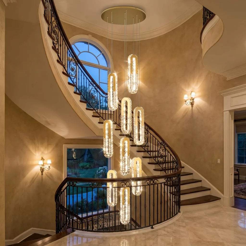 Modern crystal staircase chandelier for luxury foyer lighting by YOOGEE
