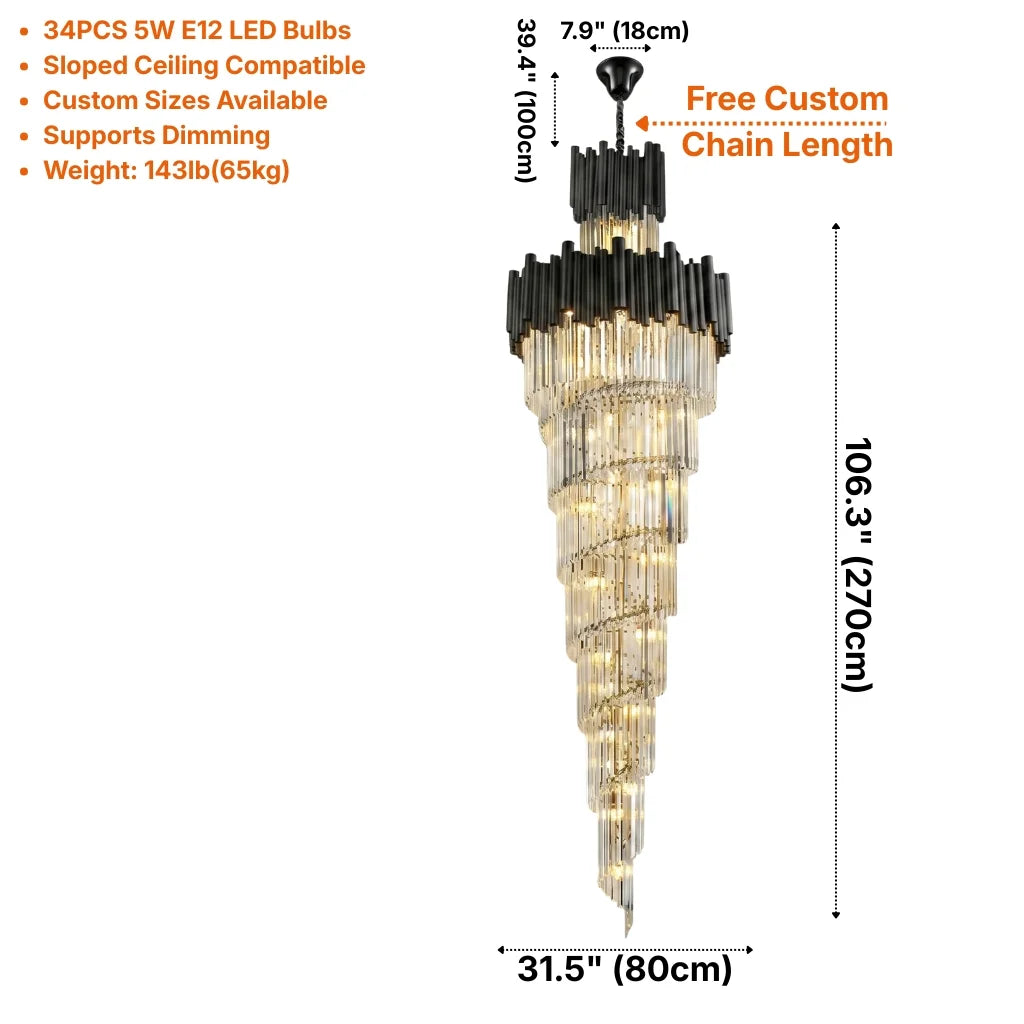 Nocturne Modern Black Crystal Staircase Chandelier for Tall Foyers & Stairwells