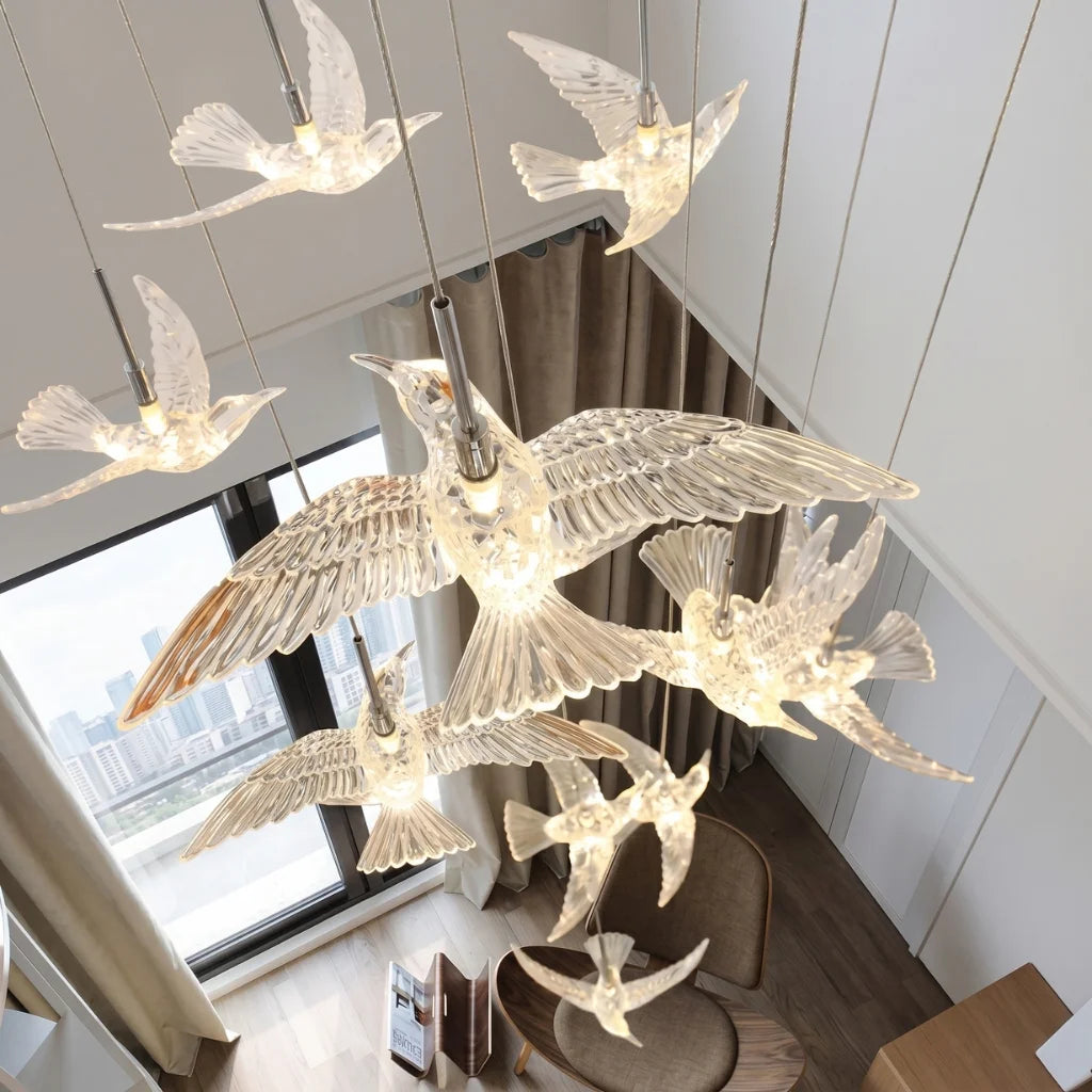Bird Design Spiral LED Staircase Chandelier for Foyer & Stairwell