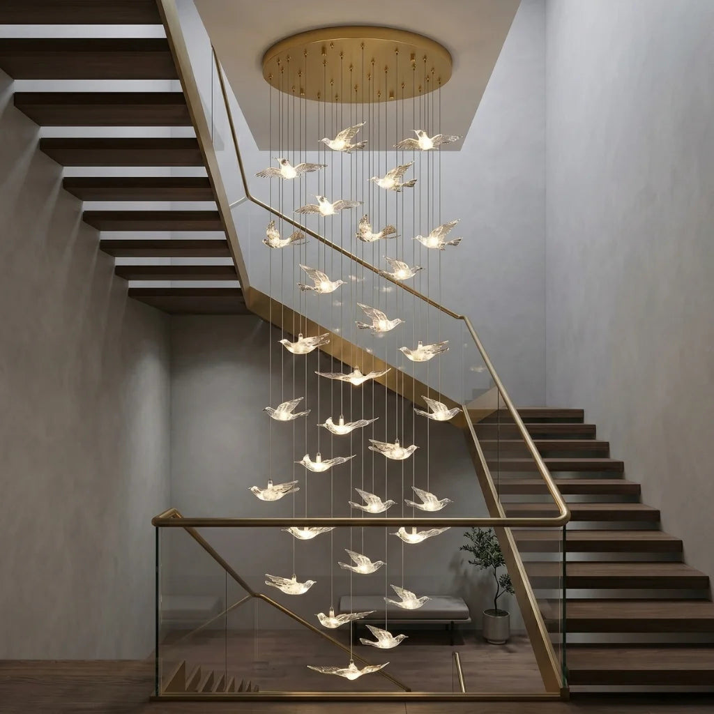 Bird Design Spiral LED Staircase Chandelier for Foyer & Stairwell
