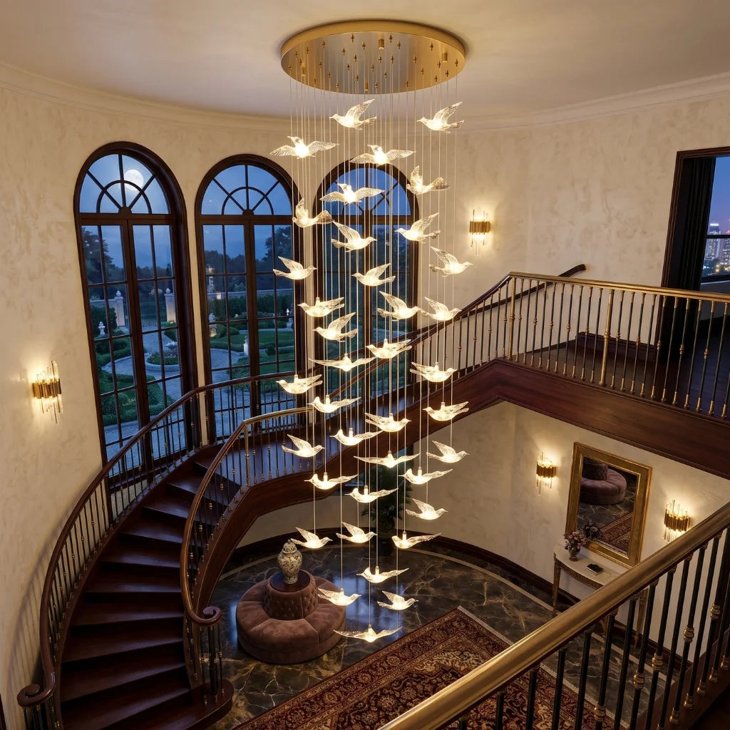 Bird Design Spiral LED Staircase Chandelier for Foyer & Stairwell