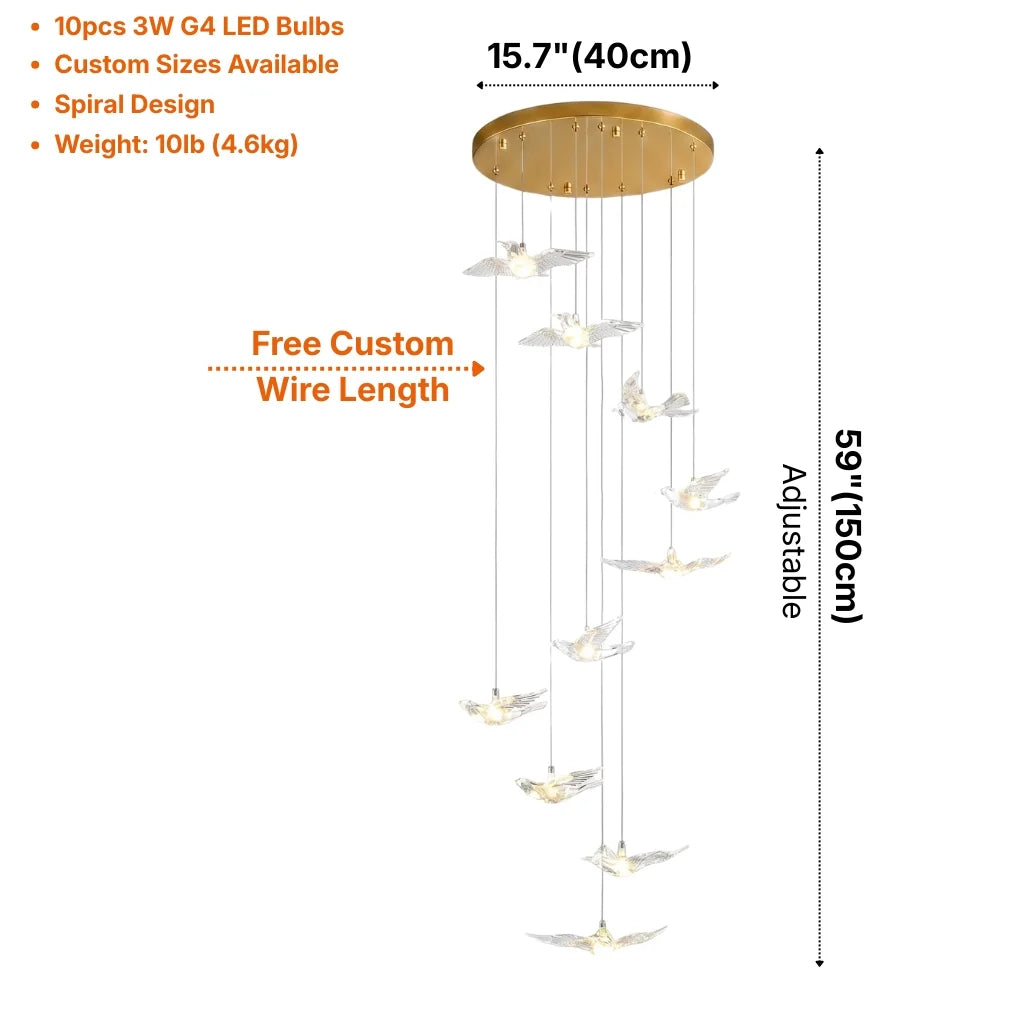 Bird Design Spiral LED Staircase Chandelier for Foyer & Stairwell