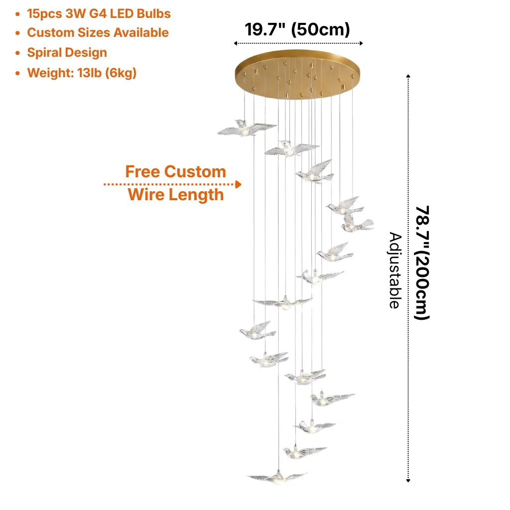 Bird Design Spiral LED Staircase Chandelier for Foyer & Stairwell