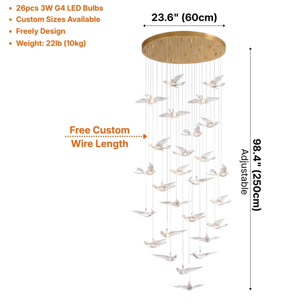Bird Design Spiral LED Staircase Chandelier for Foyer & Stairwell