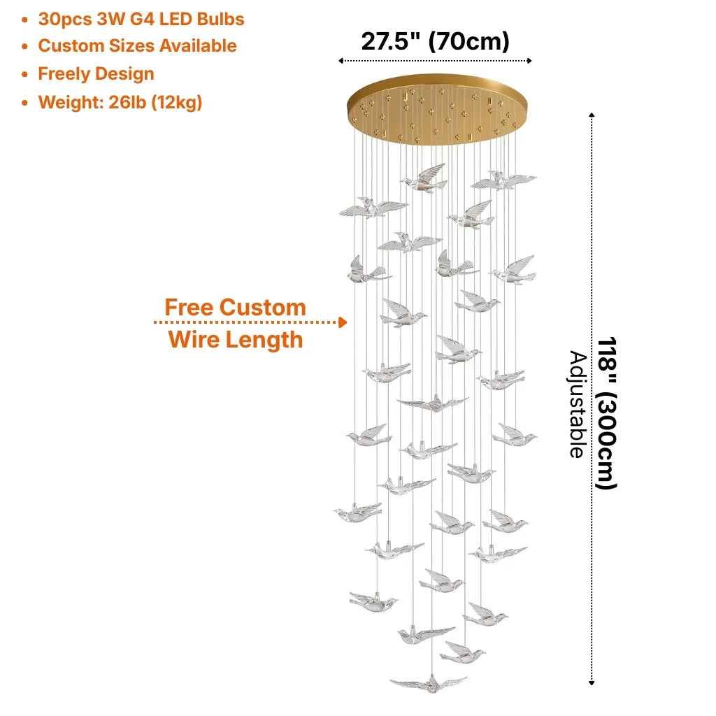 Bird Design Spiral LED Staircase Chandelier for Foyer & Stairwell