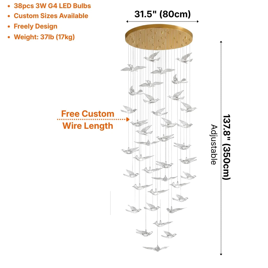 Bird Design Spiral LED Staircase Chandelier for Foyer & Stairwell