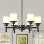 Clara matte black farmhouse chandelier with frosted glass shades front view on white background